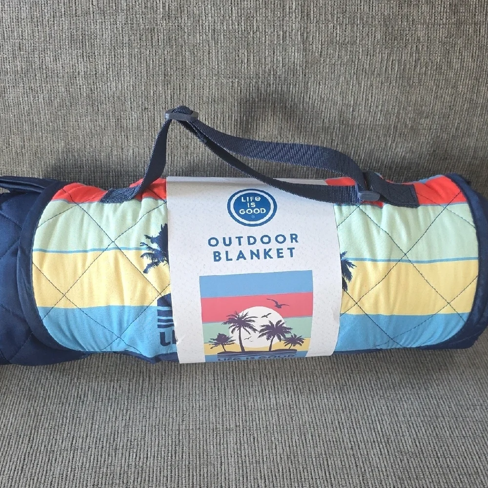 Life Is Good Blue Outdoor Blanket With Palm Trees And‎ Stripes, NWT, 50